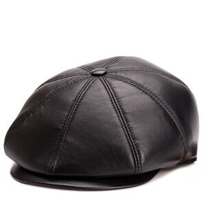 Black  Men's Leatger Newsboy Hat Cabbie Beret Real Leather Ivy Hat